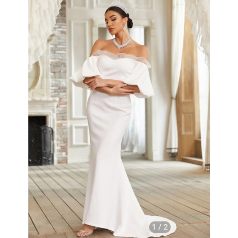 NEW Off Shoulder Contrast Mesh Mermaid Hem White Puff Sleeve Wedding Dre… - Picture 5 of 17